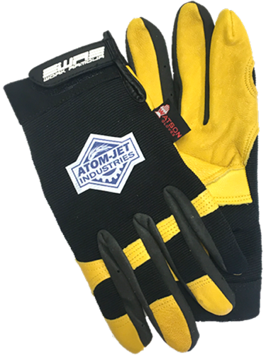 A pair of black and yellow Atom-Jet work gloves.